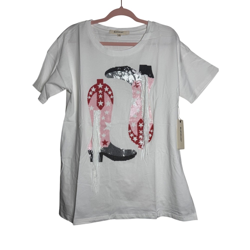 Bluevelvet Sequin Oversized Cowboy Boot Fringe T-Shirt White Small Western